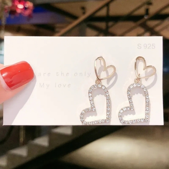 Double Heart Rhinestone Drop Earring Gold Tone S925 Post - Picture 10 of 14